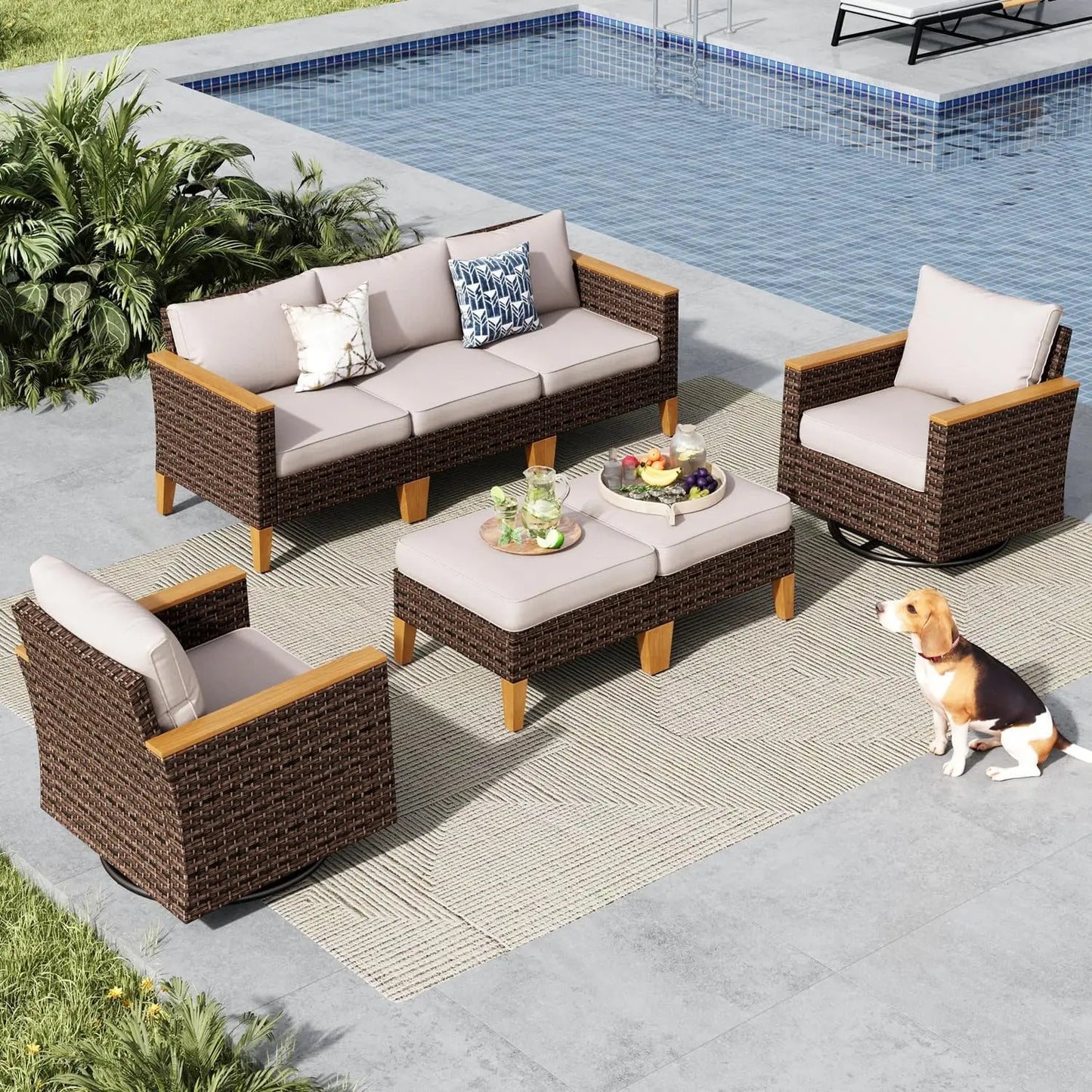 9 Piece Wicker Patio Furniture Set with 56 Inch Fire Pit Table All Weather PE Rattan Patio Sectional Sofa Conversation Set