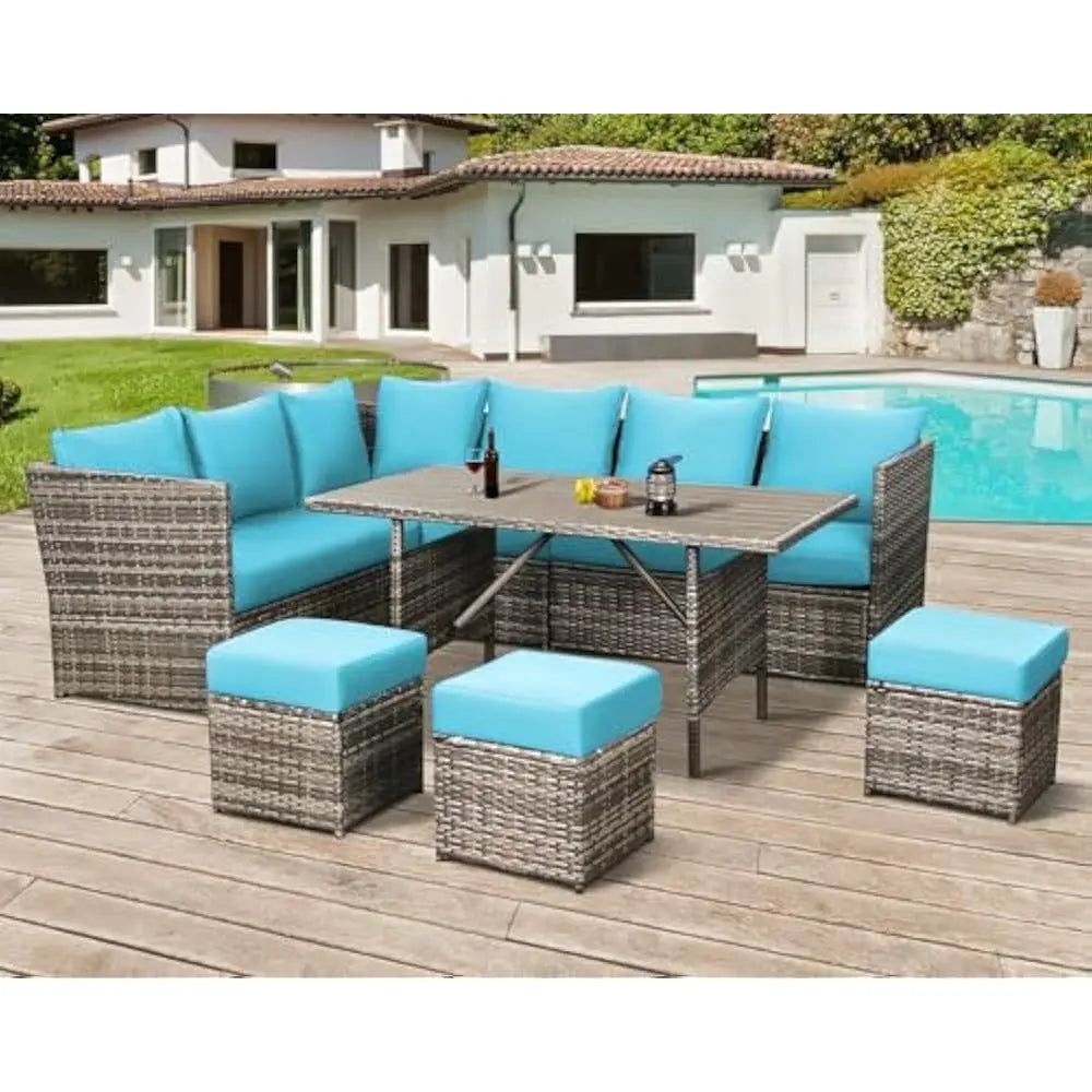 Outdoor Furniture 7 Piece Set with Dining Table and Chairs All Weather Wicker Set with Ottoman Garden Furniture Set