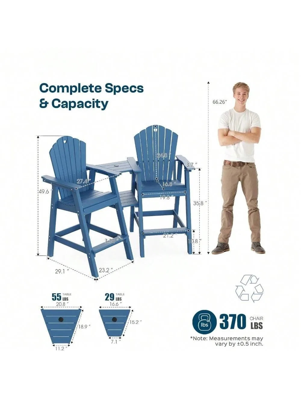 Adirondack Chairs Set Of 2 With Connecting Table HDPE