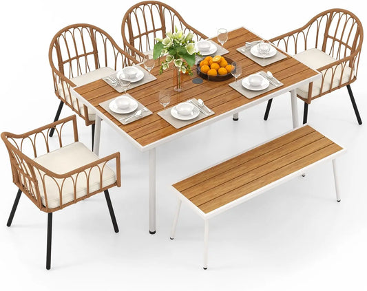 Folded Outdoor Dining Set For 6 With Wicker Table Chairs