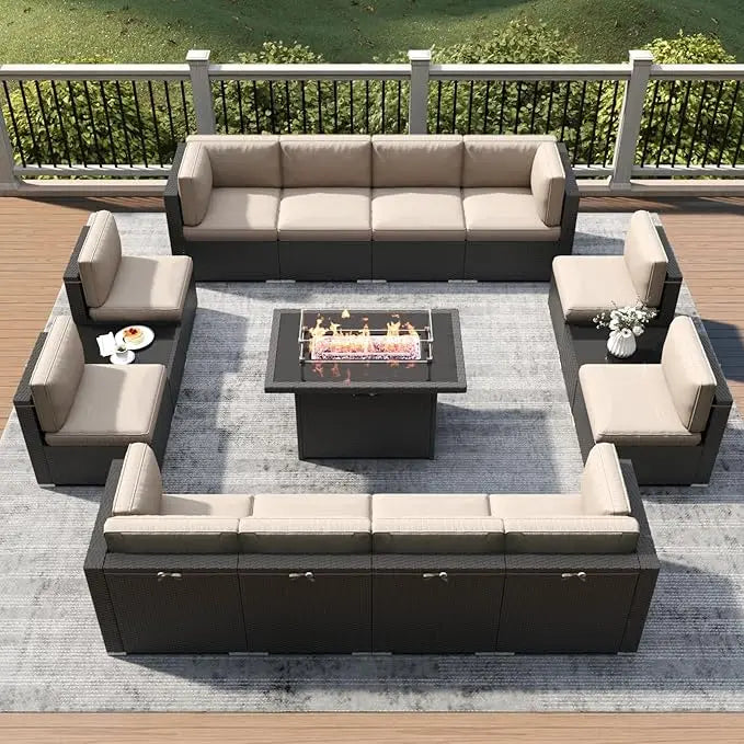 Outdoor Wicker Rattan Conversation Set With Fire Pit Table 15 Piece Patio Furniture Set