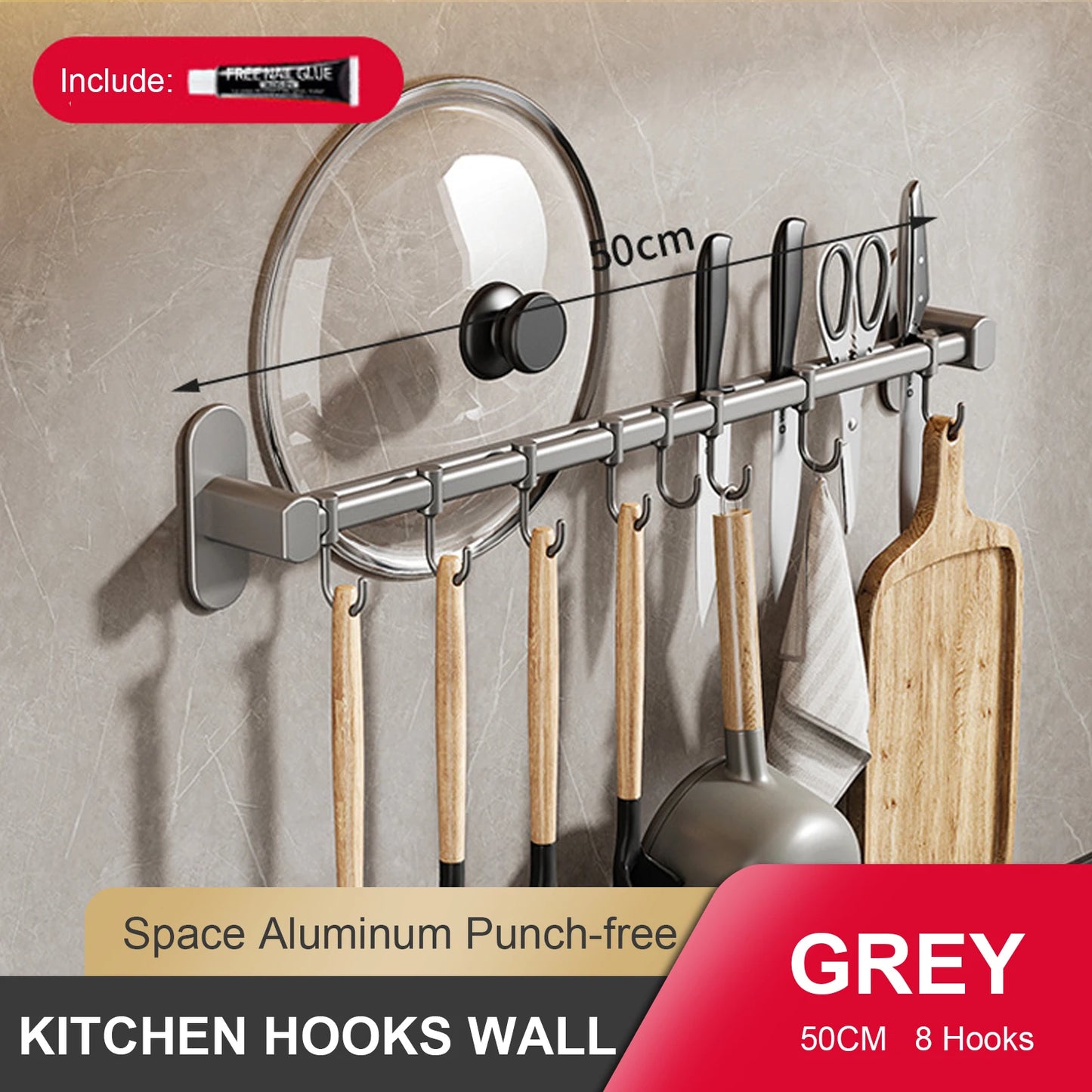 RUITHOEC Wall Mounted Kitchen Hook Rack No Punching Rail