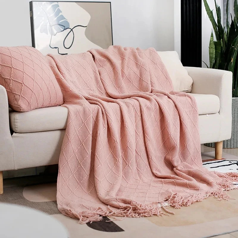 Nordic Knitted TV Blanket with Tassels Soft Fleece Throw Shawl for Sofa and Bed End Decor