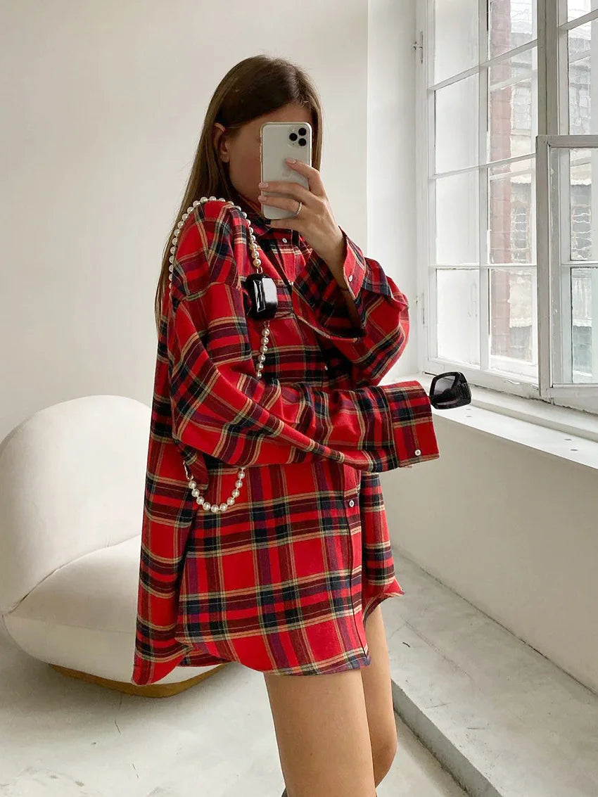 FSMGCN Versatile Plaid Shirt For Women Oversized Blouse