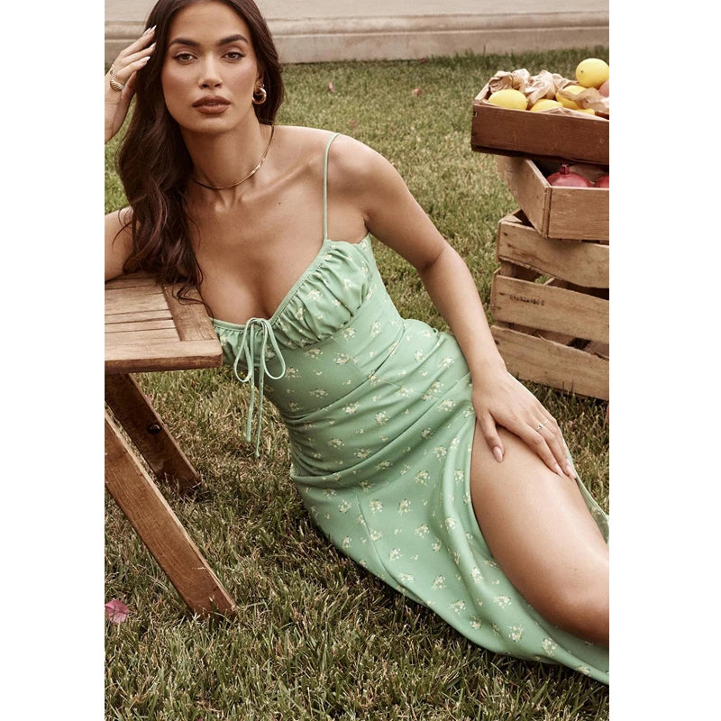Elegant Floral Summer Suspender Dress with Side Slit