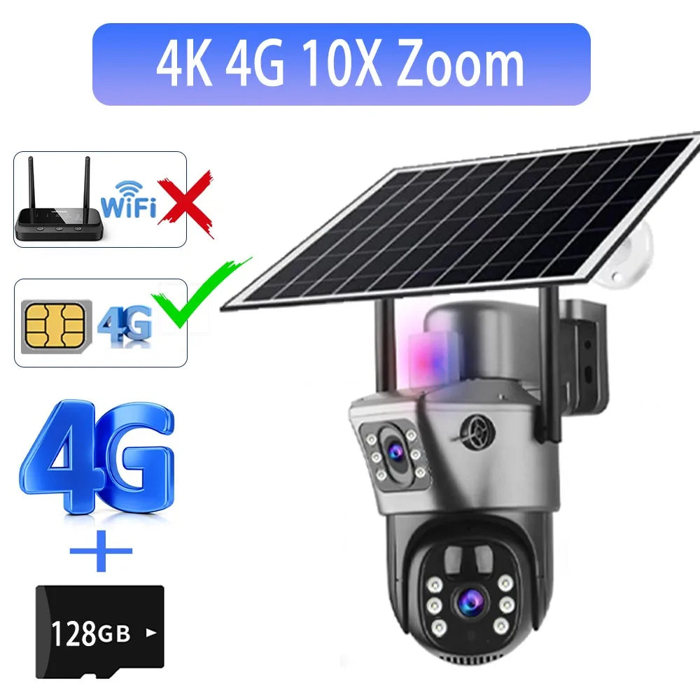Solar Outdoor Surveillance Camera with 10X Digital Zoom and 4G