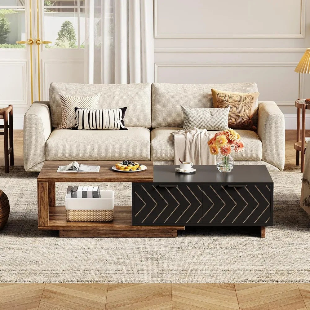 Expandable Premium ExtraDurable Solid Wood Coffee Table WithDualDrawersAndStorage