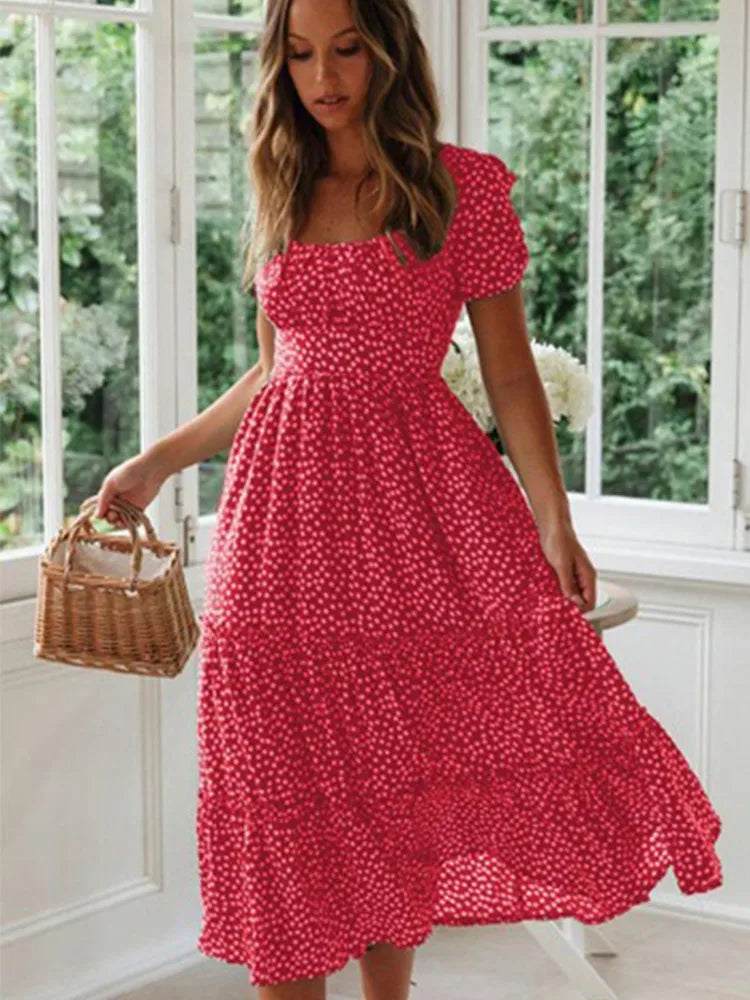 Vintage Floral Puff Sleeve Maxi Dress for Summer Beach Days