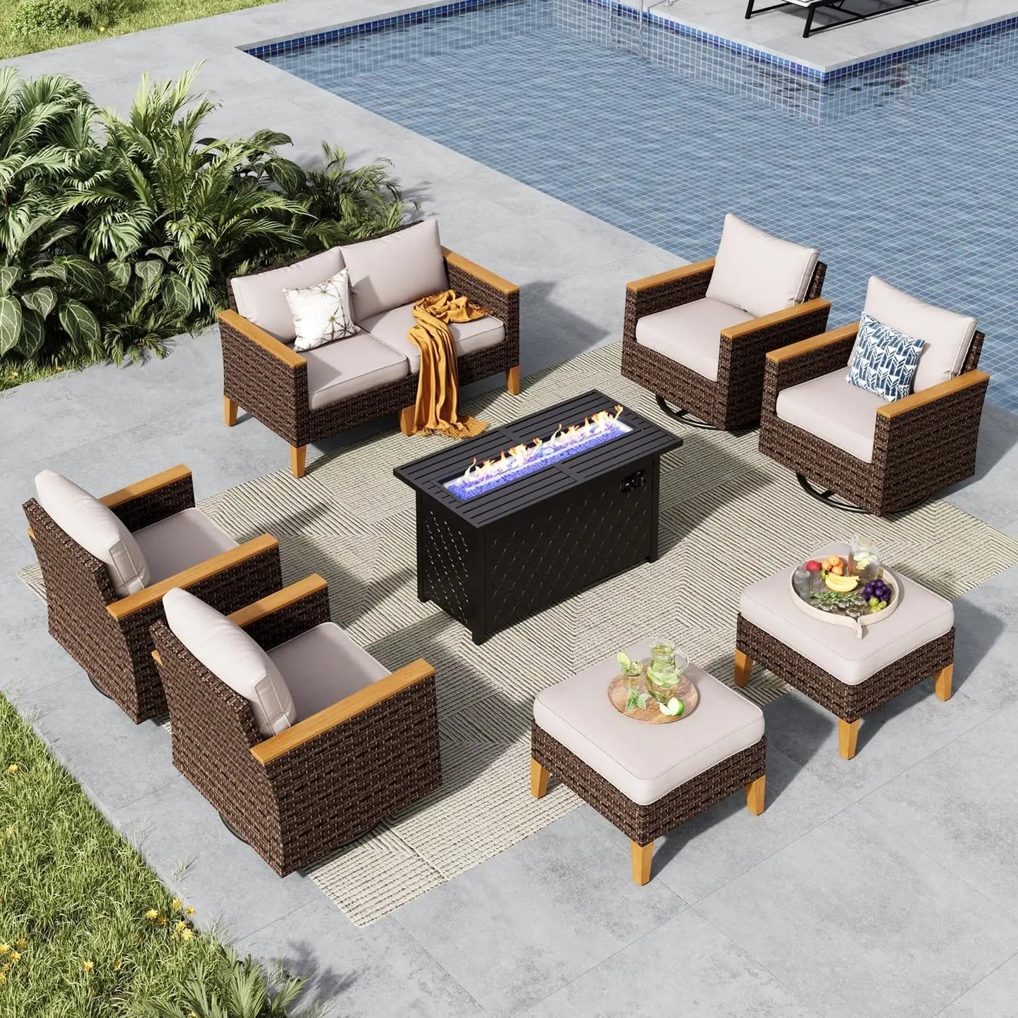 9 Piece Wicker Patio Furniture Set with 56 Inch Fire Pit Table All Weather PE Rattan Patio Sectional Sofa Conversation Set