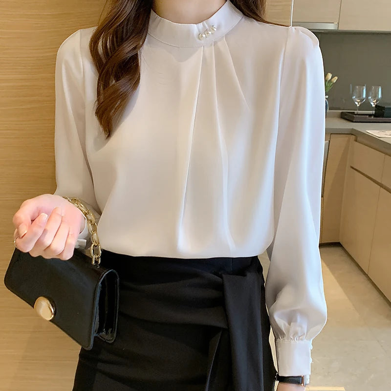CN Guangdong Satin Blouse Women Long Sleeve Beading Collar