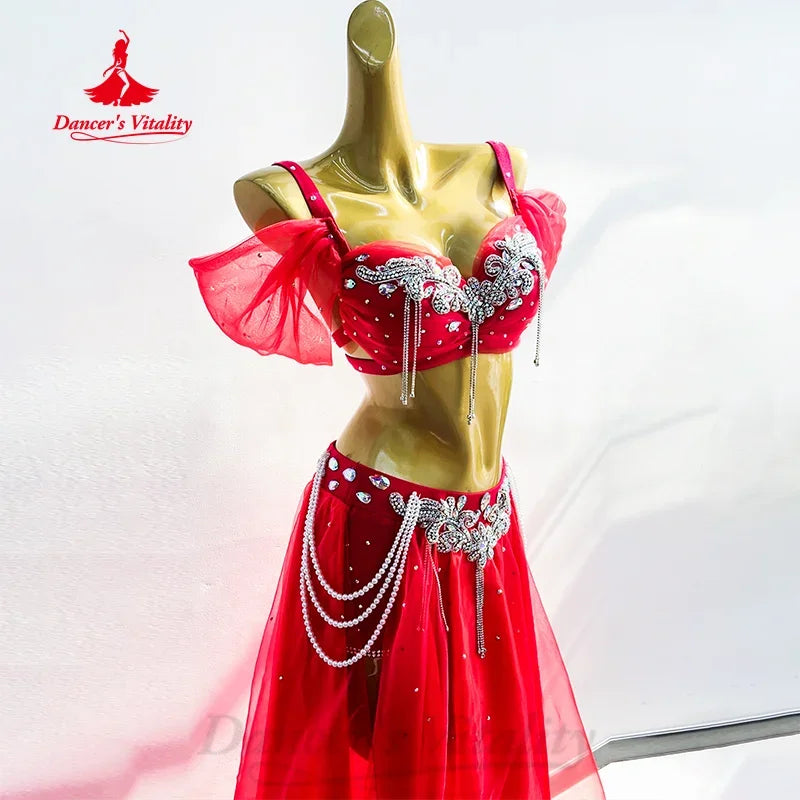 Dancer's Vitality Belly Dance 2pc AB Stones Tassel Bra Skirt Set