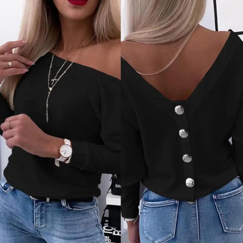 SURE XIAO STORY Autumn Long Sleeve Back Button Pullover