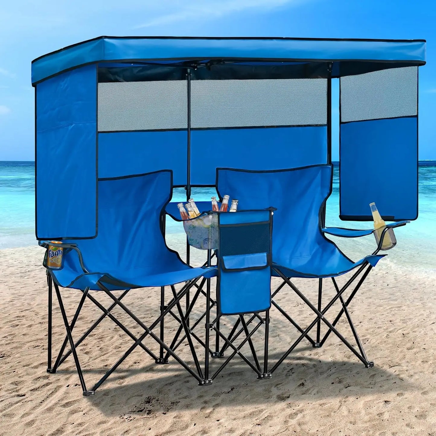 Folded Double Beach Chair With Canopy Shade For Outdoors