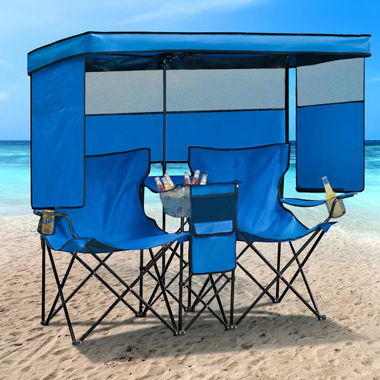 Folded Double Beach Chair With Canopy Shade For Outdoors