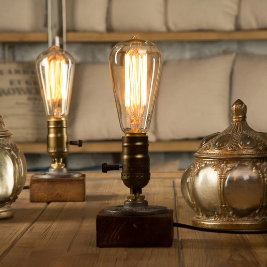 Industrial LED Table Lamp Retro Wood Night Light Decor