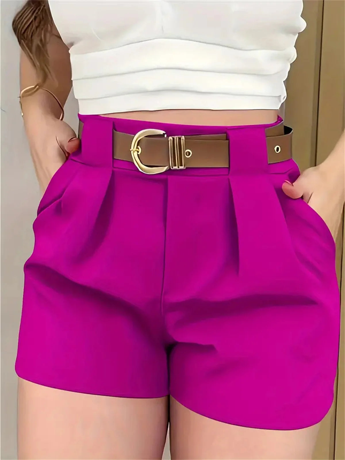 DOHTIH Women High Waist Belted Shorts Elegant Casual Pants