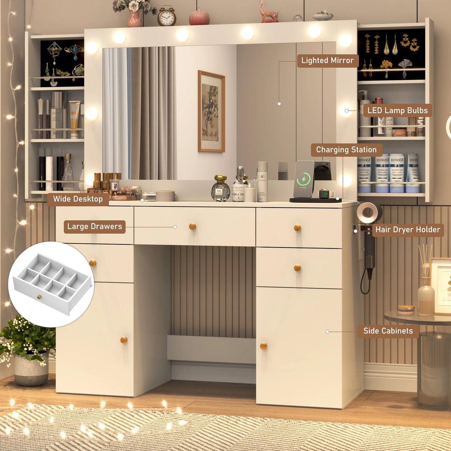 QiaoShiRen Vanity Desk With Lighted Mirror And Power Outlet
