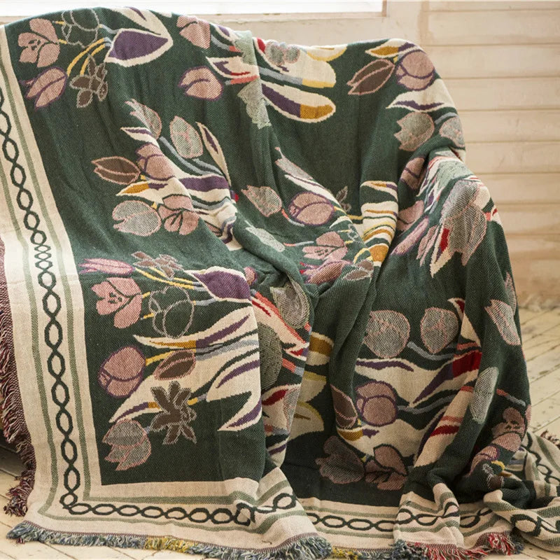 Tulip Flowers Vintage Throw Blanket Sofa Cover Knitted Bedspread Floral European Style Outdoor Camping Travel Cobija