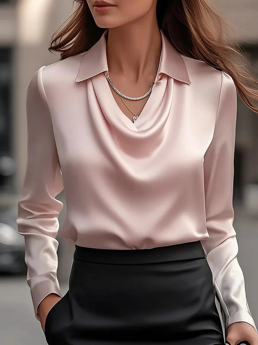 CN Fujian Satin Shirt Blouse V Neck Long Sleeve Office