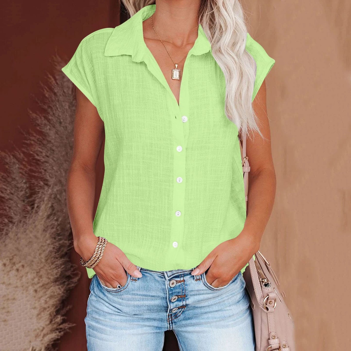 HallolillaCN Summer Cotton Linen Shirt Women Short Sleeve