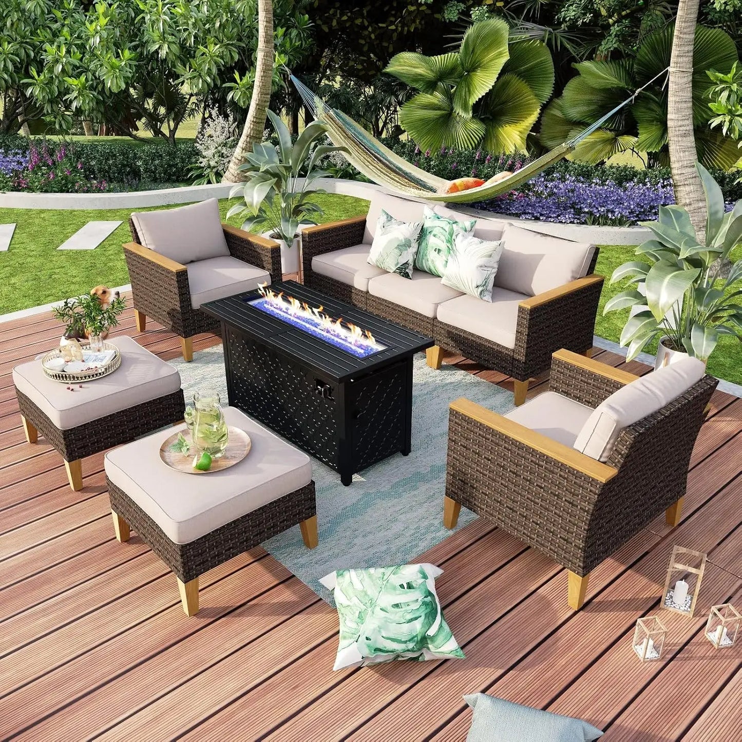 9 Piece Wicker Patio Furniture Set with 56 Inch Fire Pit Table All Weather PE Rattan Patio Sectional Sofa Conversation Set