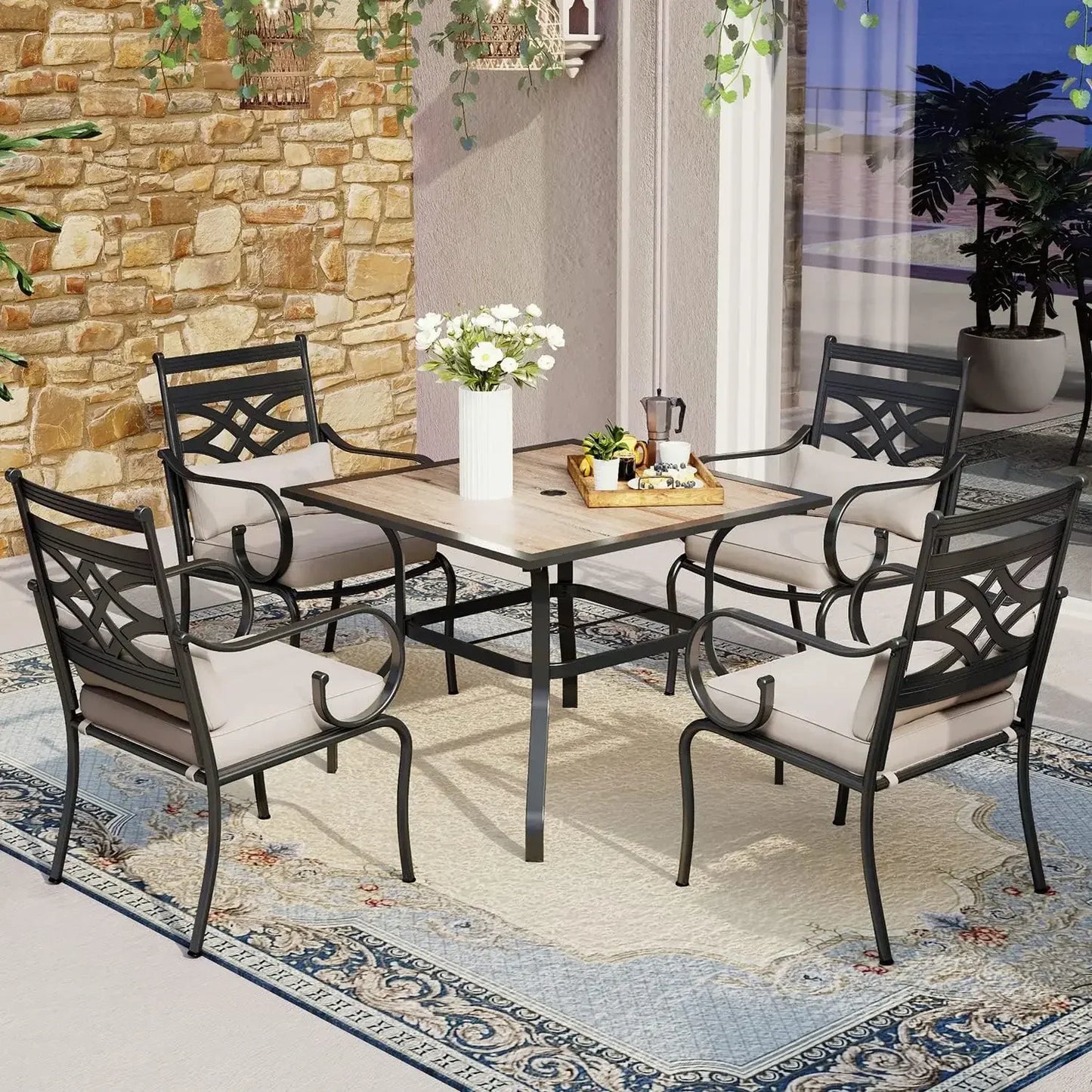 Guangbai Patio Dining Set 4 Swivel Chairs And Square Table