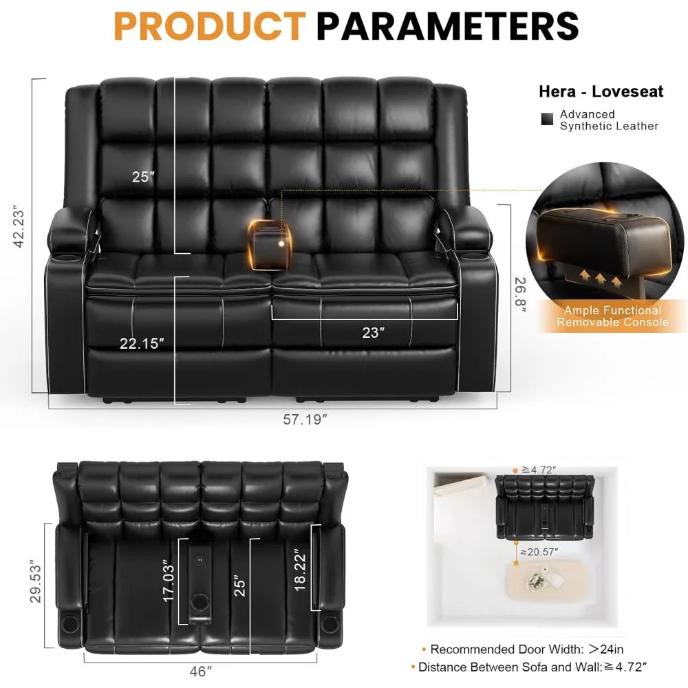 Luxurious HeavyDuty Loveseat Recliner Sofa With Interchangeable Console USB Ports