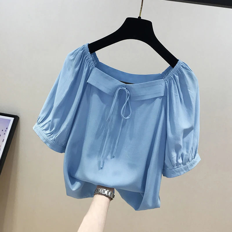 ZANZEA Korean Style Square Collar Lace-Up Blouse