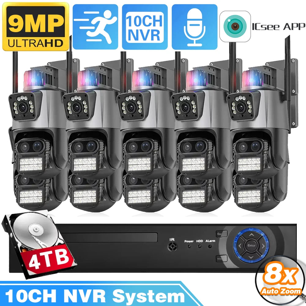 9MP Three Lens 8X Zoom WiFi PTZ XMEYE 10CH POE NVR Surveillance System with Two Way Audio CCTV Security Camera Video Surveillance Kit