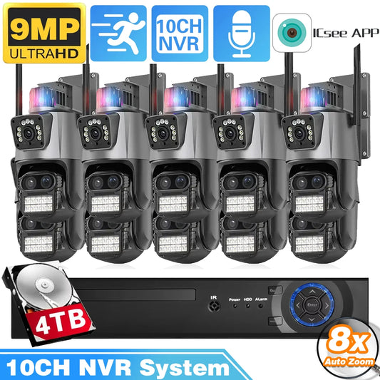 9MP Three Lens 8X Zoom WiFi PTZ XMEYE 10CH POE NVR Surveillance System with Two Way Audio CCTV Security Camera Video Surveillance Kit