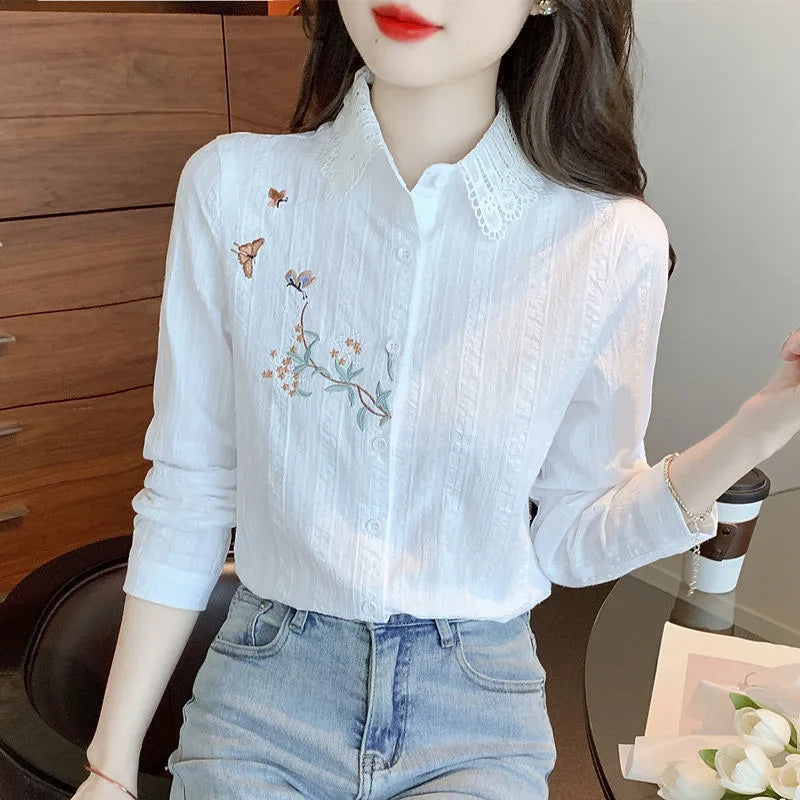 Guangdong Embroidered Womens Blouses Long Sleeve Collar
