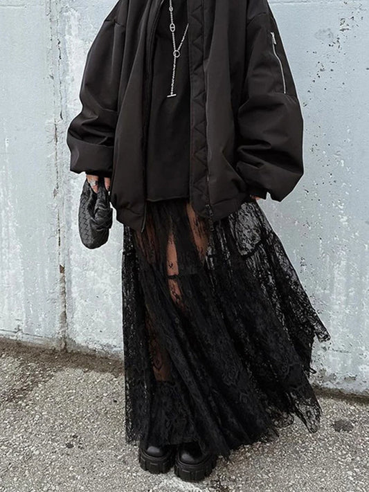 Mueyeruho Women Sexy Maxi Lace Skirt High Waist Flare