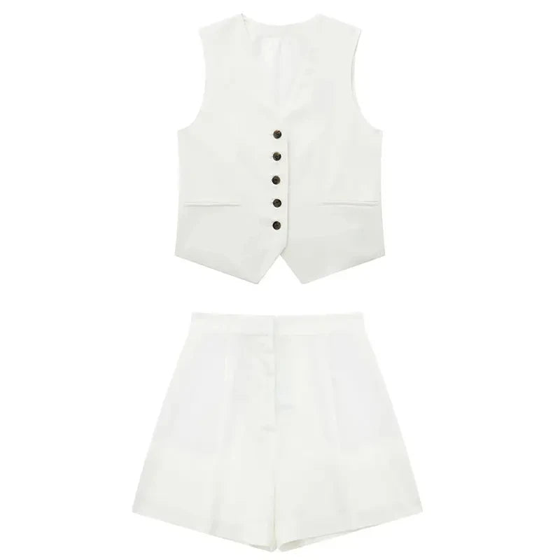 TRAFZA Women Casual Vintage Pant Suit Vest Shorts Set
