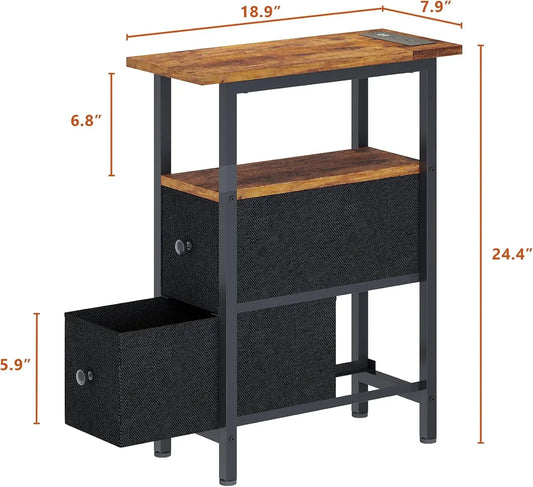 Slim Side Table with Two Fabric Drawers and LED Lights for Bedroom and Living Room