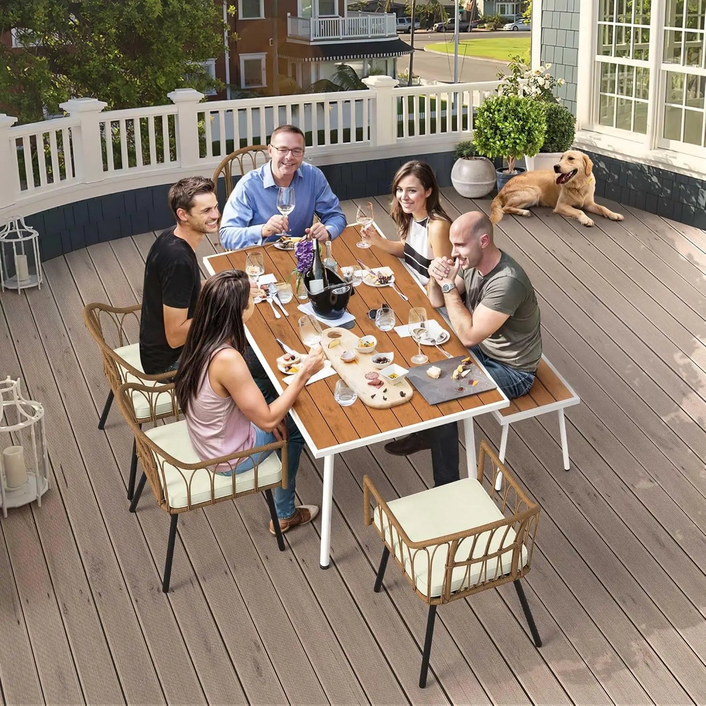 Folded Outdoor Dining Set For 6 With Wicker Table Chairs