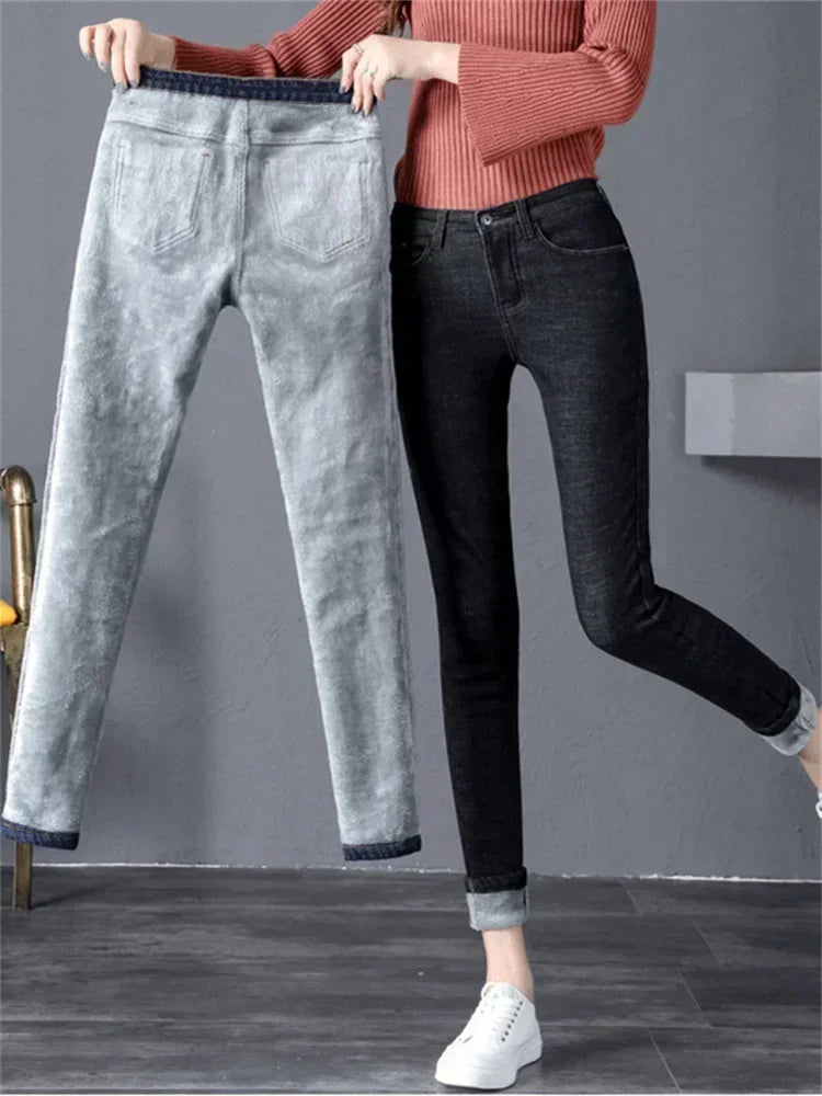 YUKIESUECN Women Warm Thick Denim Jeans High Waist Fleece