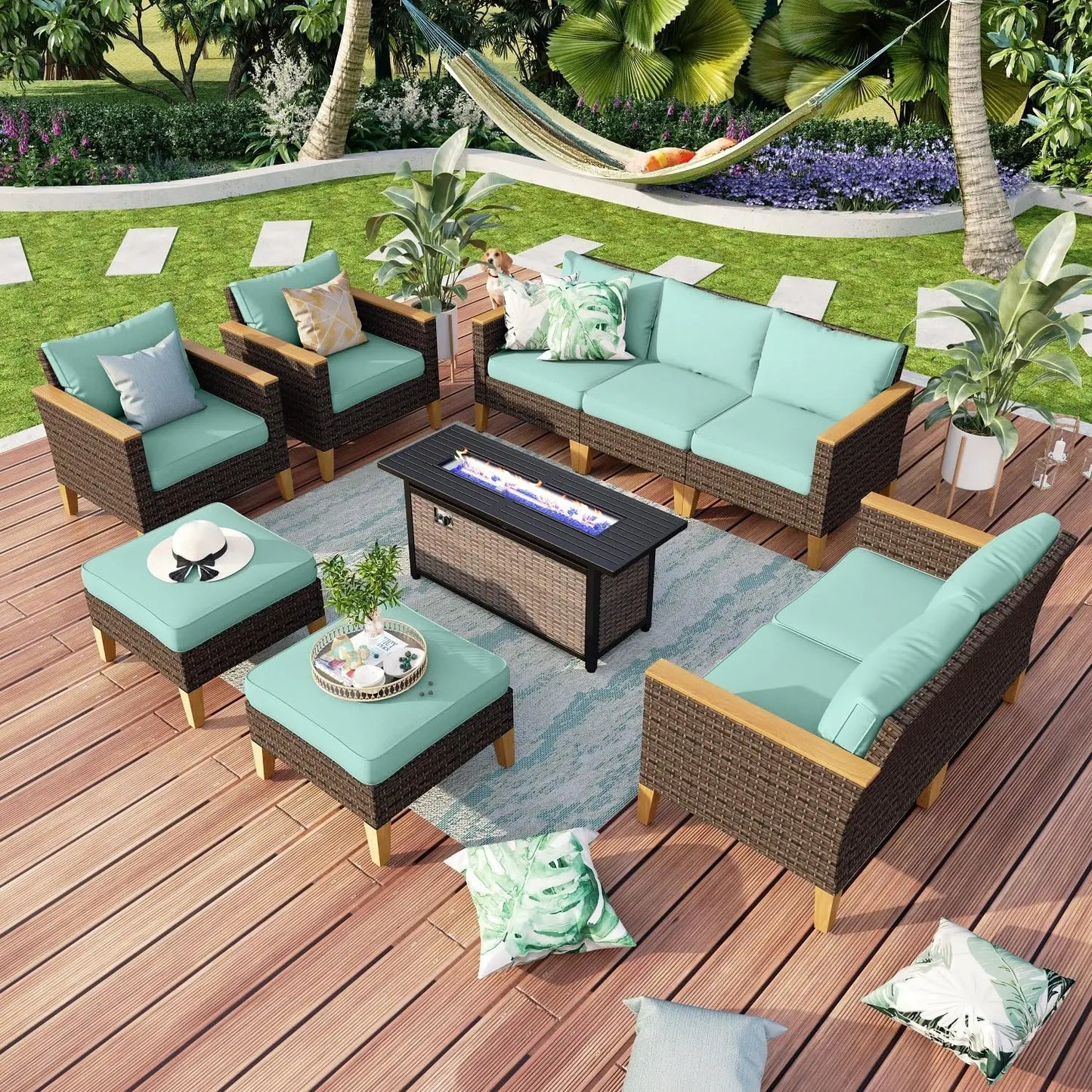 9 Piece Wicker Patio Furniture Set with 56 Inch Fire Pit Table All Weather PE Rattan Patio Sectional Sofa Conversation Set
