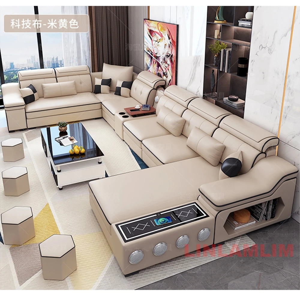 Modern Sectional Sofa Set with Bluetooth Speakers and USB Ports