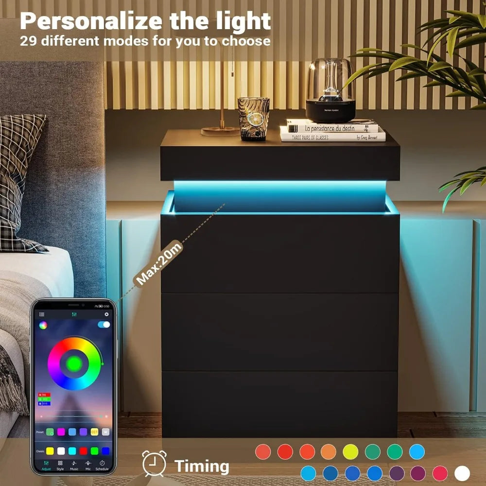 Modern Nightstand with Charging Station and LED Lighting Options