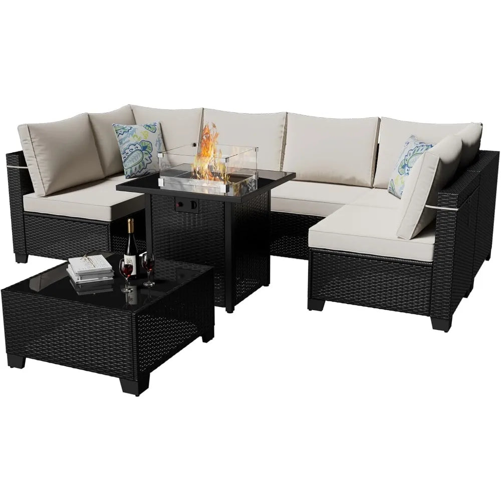 8 Pieces Outdoor Sectional Furniture Rattan Wicker Patio Sofa Couch with 28 Inch Gas Fire Pit Table Conversation Set for Backyard