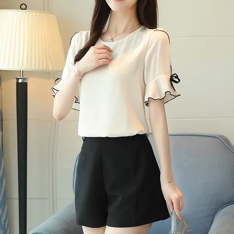Magesuek Chiffon Women Blouse Short Sleeve Bow Elegant