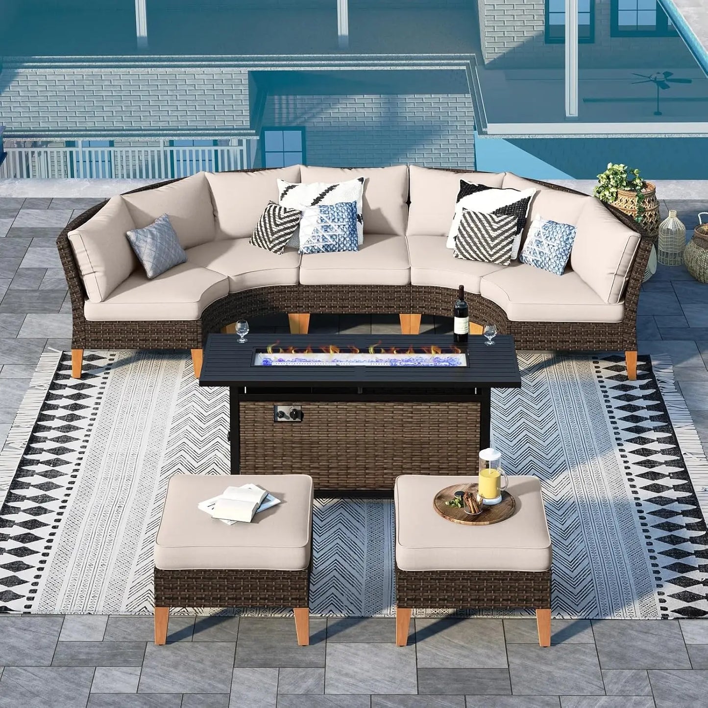 12 Piece Curved Outdoor Sectional Sofa Set Rattan Patio Conversation Set Beige
