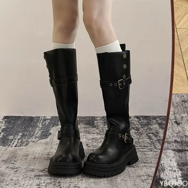 YBQJOO Vintage Square Toe Low Heel Knee High Boots Platform