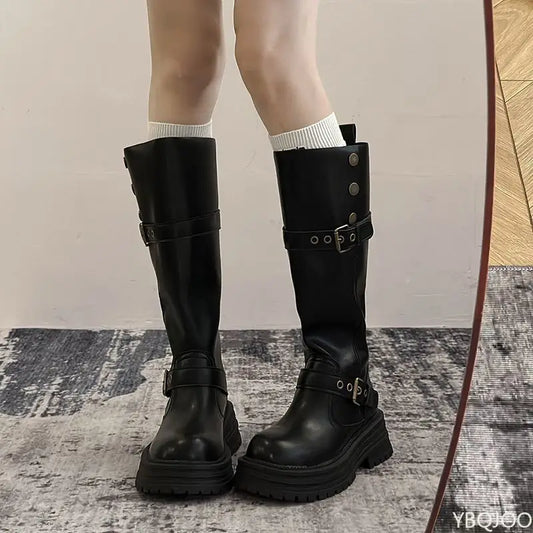 YBQJOO Vintage Square Toe Low Heel Knee High Boots Platform