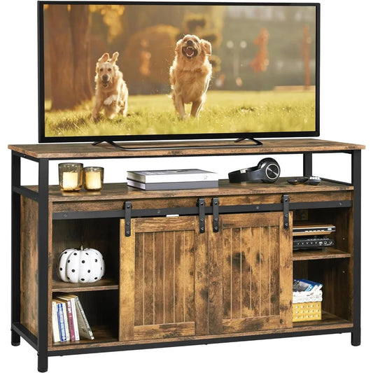 Farmhouse Style TV Stand With Storage And Sliding Doors