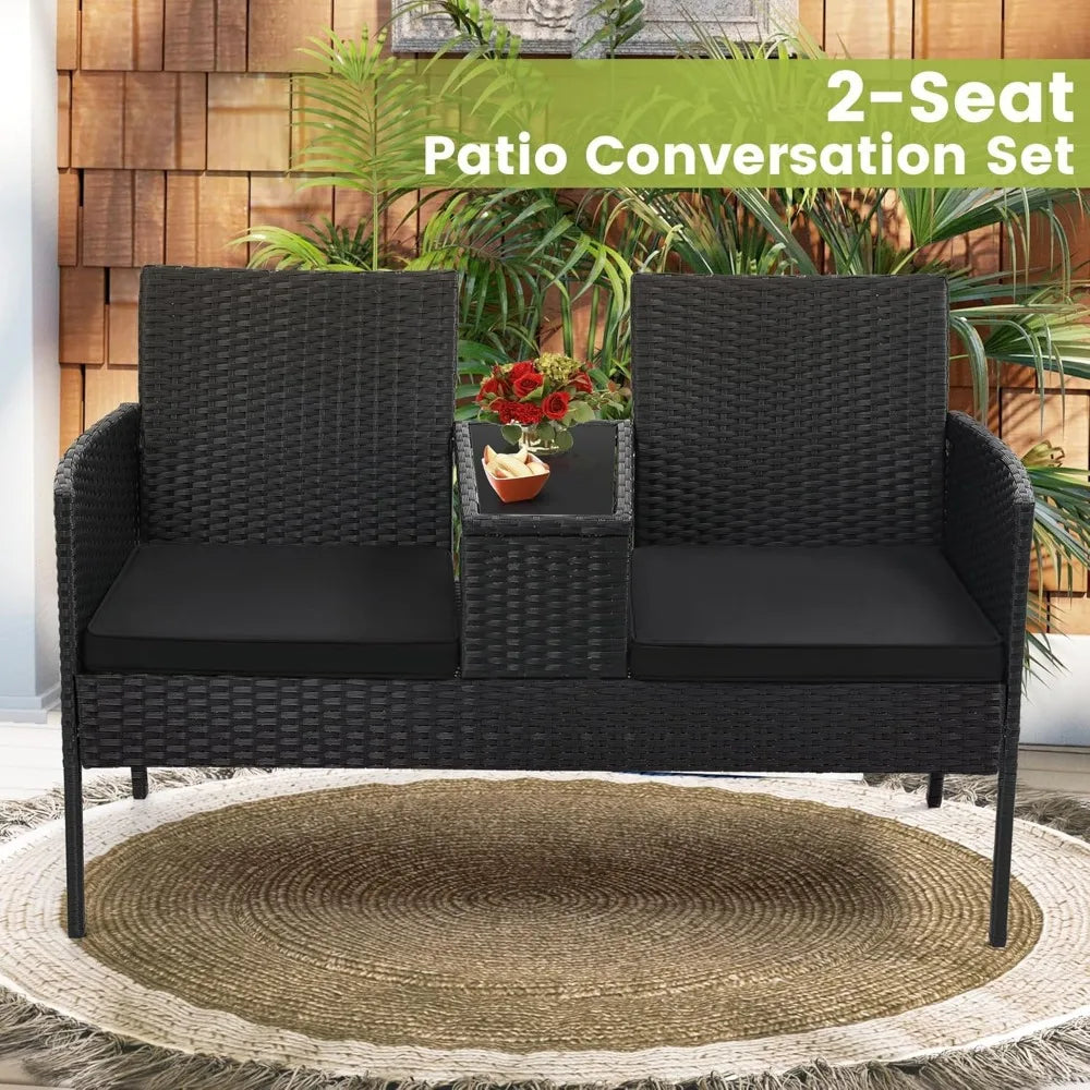 2 Seat Patio Conversation Set Outdoor Rattan Loveseat with Table Washable Cushion Covers Garden Furniture Sets