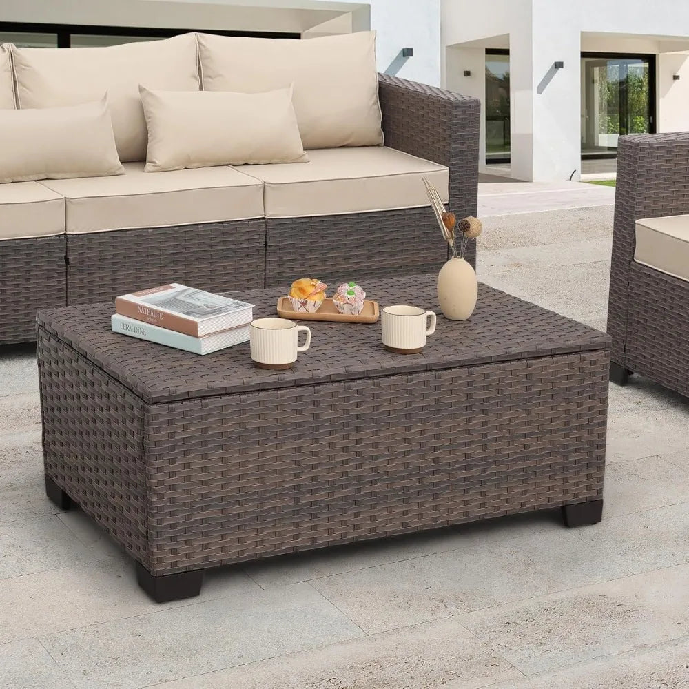 Outdoor Patio Storage Coffee Table With Wicker Design