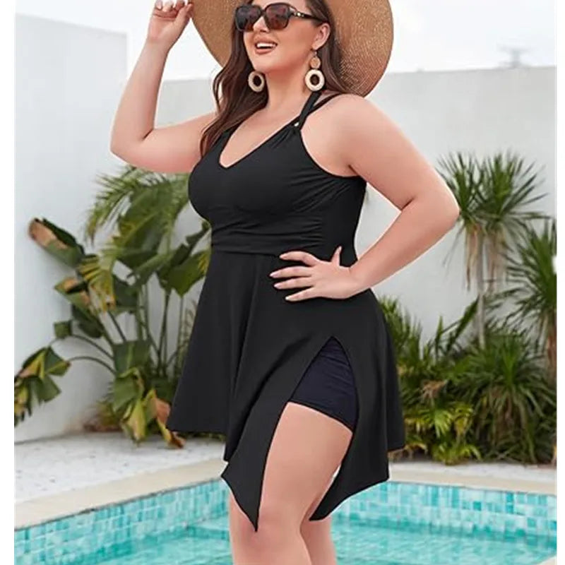 Women Plus Size Floral Tankini Swimdress with Boyshort