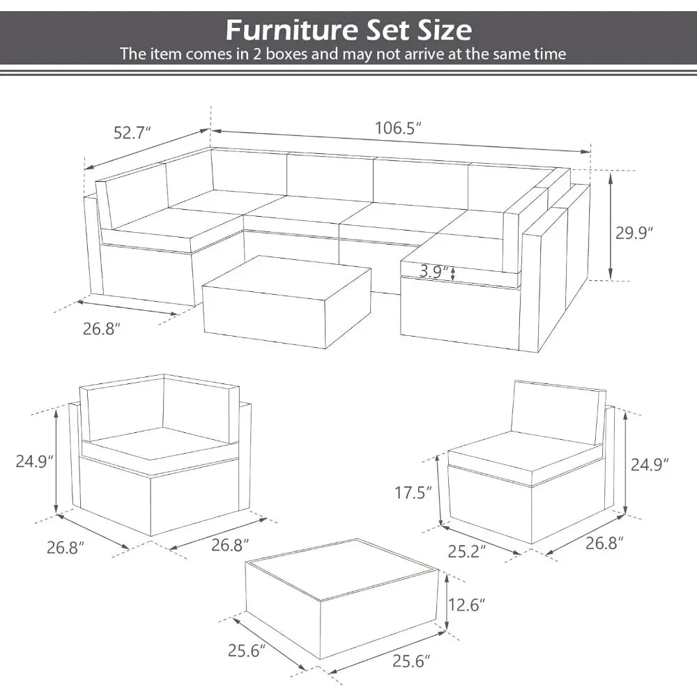 7 Piece Outdoor Patio Furniture Set PE Rattan Grey Wicker Sectional Chair Set with Cushion
