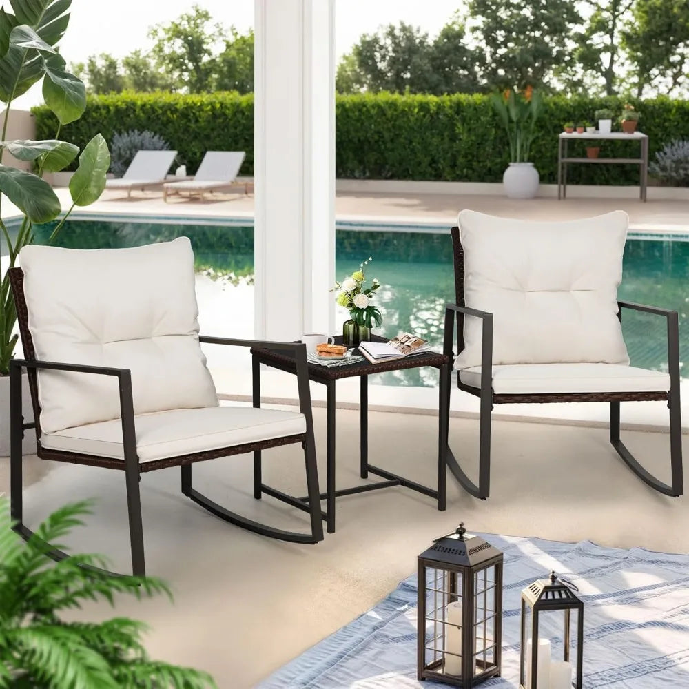 3-Piece Patio Bistro Set With Outdoor Rocking Chairs And Glass Coffee Table For Stylish Outdoor Living